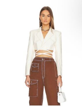 h:ours White Cropped Wrap Leather Jacket Alvina Cropped Ivory Jacket